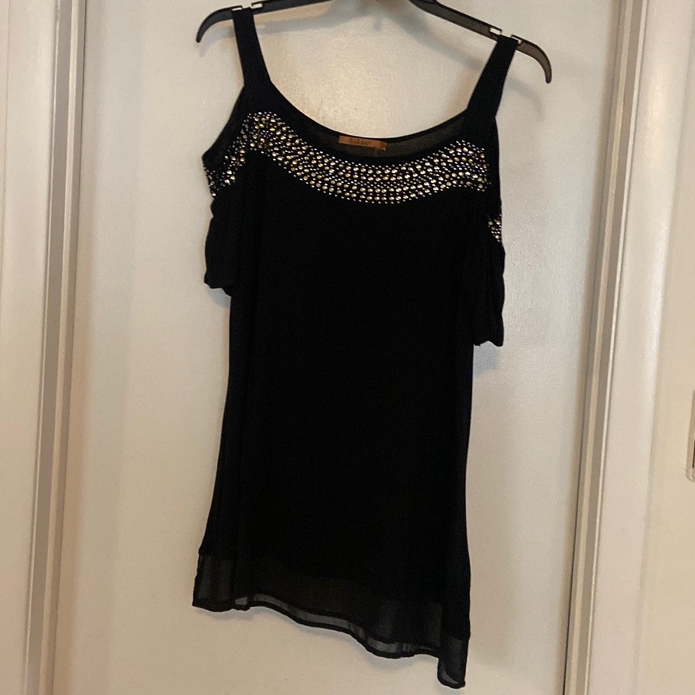 Beautiful dressy Belldini  black cold shoulder top with sequin and small beads.